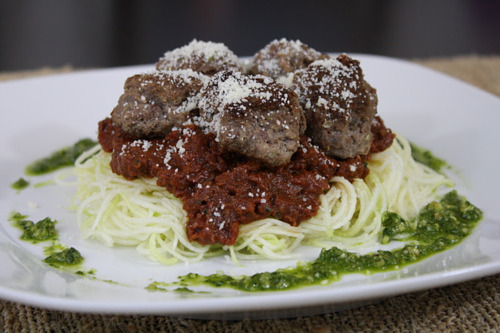 Healthy Recipes for Your “Single’s Awareness Party:” Italian Style Meatballs over Raw Zucchini Pasta